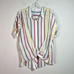 Ava & Viv White Striped Cuffed Sleeves Semi Sheer Twist Top Womens Size 2X‎